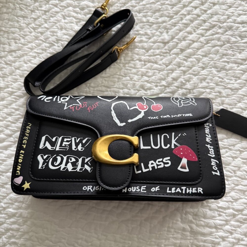 Black Leather Graffiti-Print Shoulder Bag with Gold Hardware